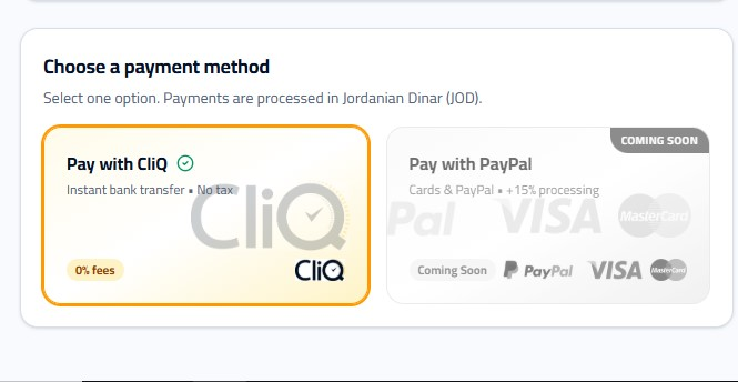 عمل Checkout وإكمال الدفع بأحد الطرق المتوفرة (PayPal, CliQ)، ثم تقوم برفع صورة وصل التحويل(اذا تم اختيار CliQ).